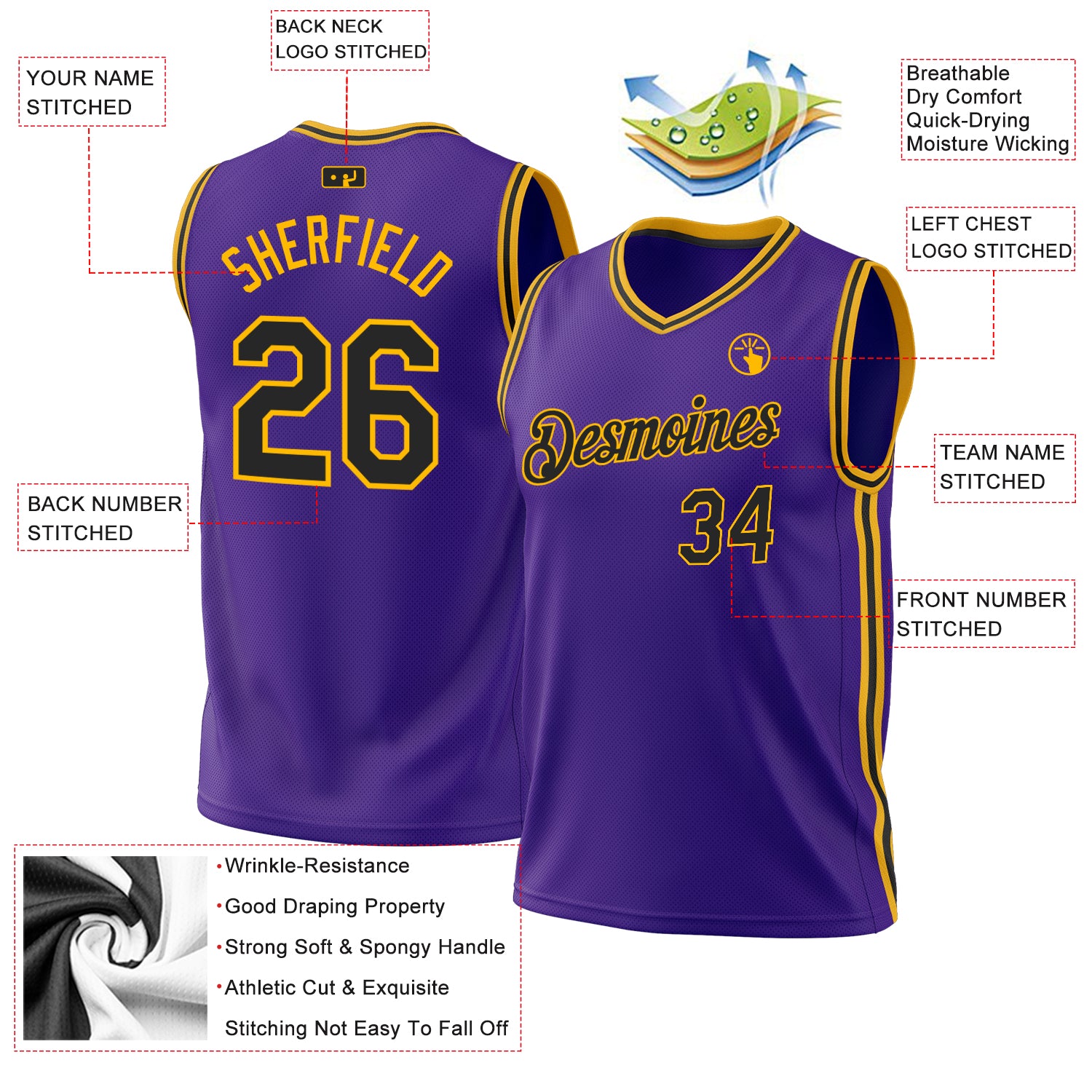 Personalized Purple Black-Gold Authentic Throwback Basketball Jersey Personalized Purple Black-Gold Authentic Throwback Basketball Jersey - Image 3