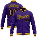 Personalized Purple Black-Gold Bomber Full-Snap Varsity Letterman Jacket Team Custom Name and Number