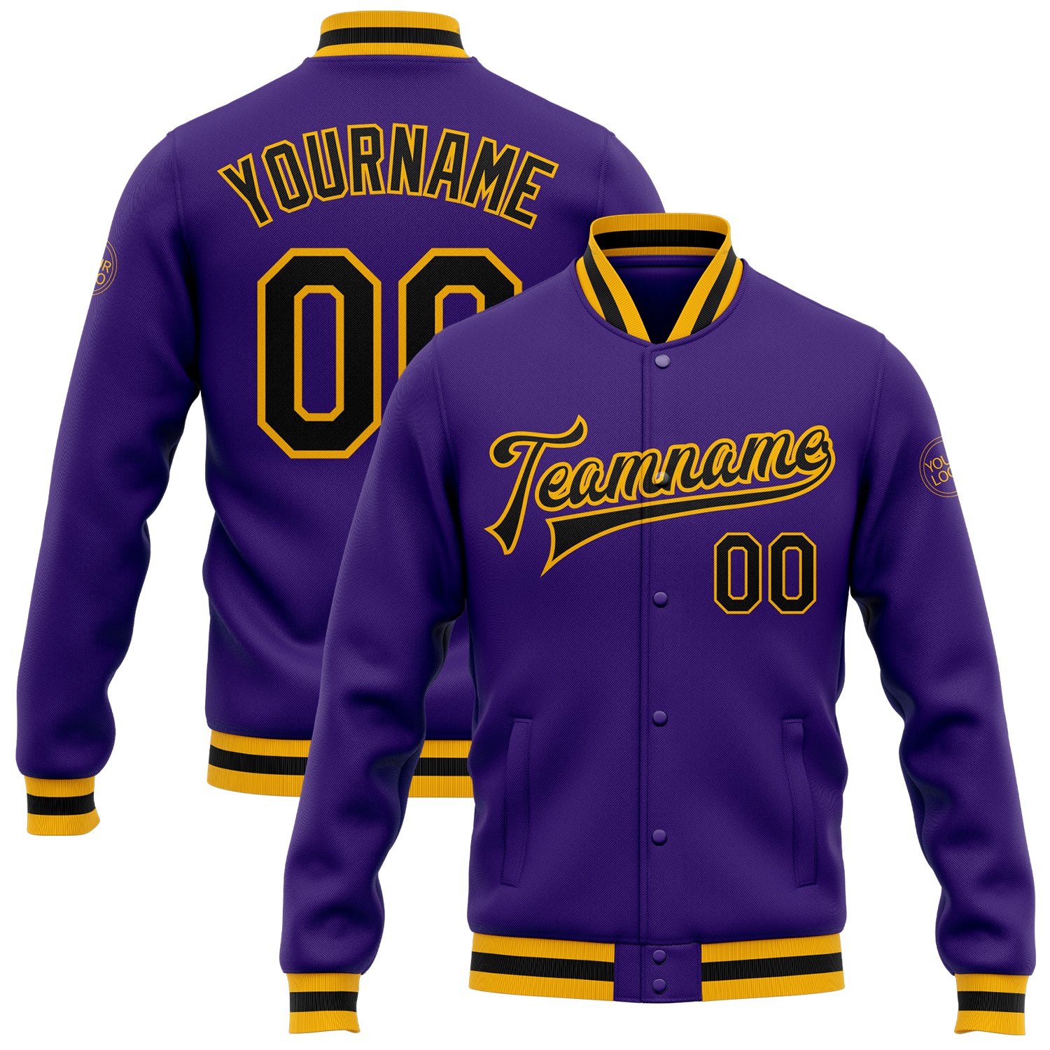 Personalized Purple Black-Gold Bomber Full-Snap Varsity Letterman Jacket Team Custom Name and Number