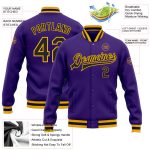 Personalized Purple Black-Gold Bomber Full-Snap Varsity Letterman Jacket Team Custom Name and Number