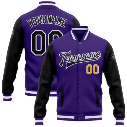 Personalized Purple Black-Gold Bomber Full-Snap Varsity Letterman Two Tone Jacket