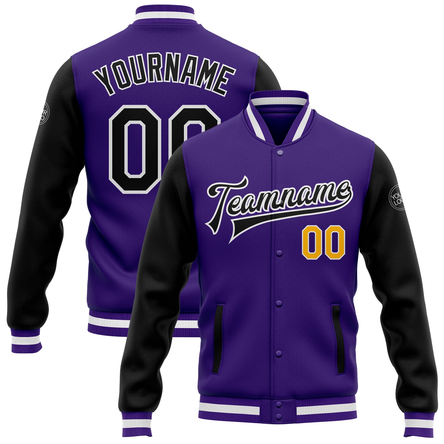 Personalized Purple Black-Gold Bomber Full-Snap Varsity Letterman Two Tone Jacket