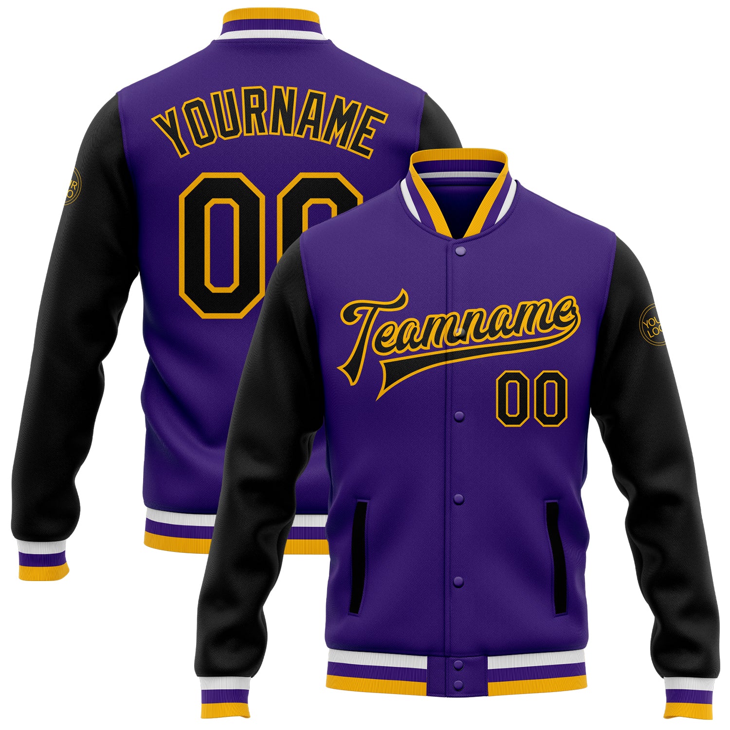 Personalized Purple Black-Gold Bomber Full-Snap Varsity Letterman Two Tone Jacket Team Custom Name and Number