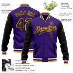 Personalized Purple Black-Gold Bomber Full-Snap Varsity Letterman Two Tone Jacket Team Custom Name and Number