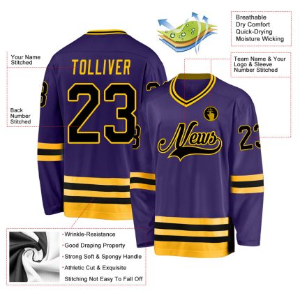 Personalized Purple Black-Gold Hockey Jersey Team Custom Name and Number