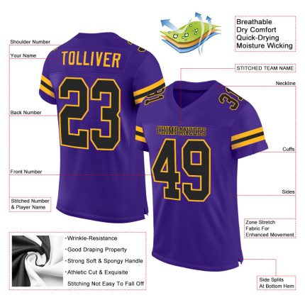 Personalized Purple Black-Gold Mesh Authentic Football Jersey Team Custom Name and Number