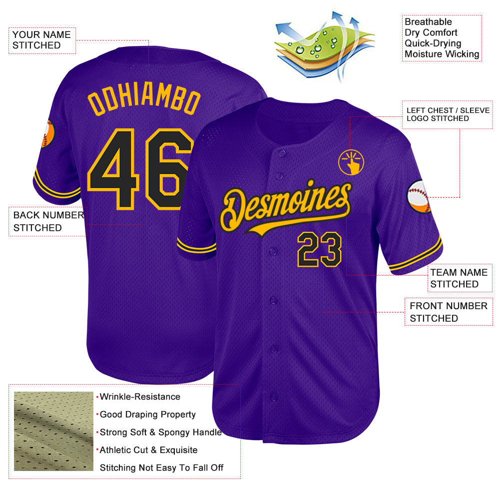 Personalized Purple Black-Gold Mesh Authentic Throwback Baseball Jersey Team Custom Name and Number Personalized Purple Black-Gold Mesh Authentic Throwback Baseball Jersey Team Custom Name and Number - Image 3