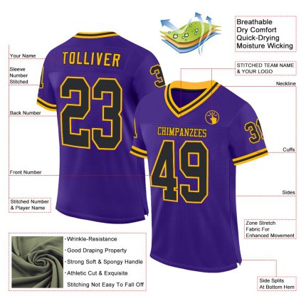 Personalized Purple Black-Gold Mesh Authentic Throwback Football Jersey Team Custom Name and Number