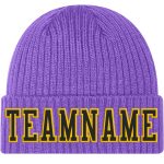 Personalized Purple Black-Gold Stitched Cuffed Knit Hat Team Custom Name and Number
