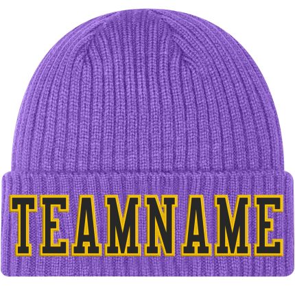 Personalized Purple Black-Gold Stitched Cuffed Knit Hat Team Custom Name and Number