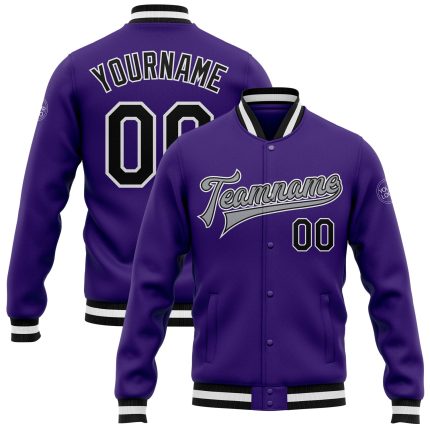 Personalized Purple Black-Gray Bomber Full-Snap Varsity Letterman Jacket Team Custom Name and Number