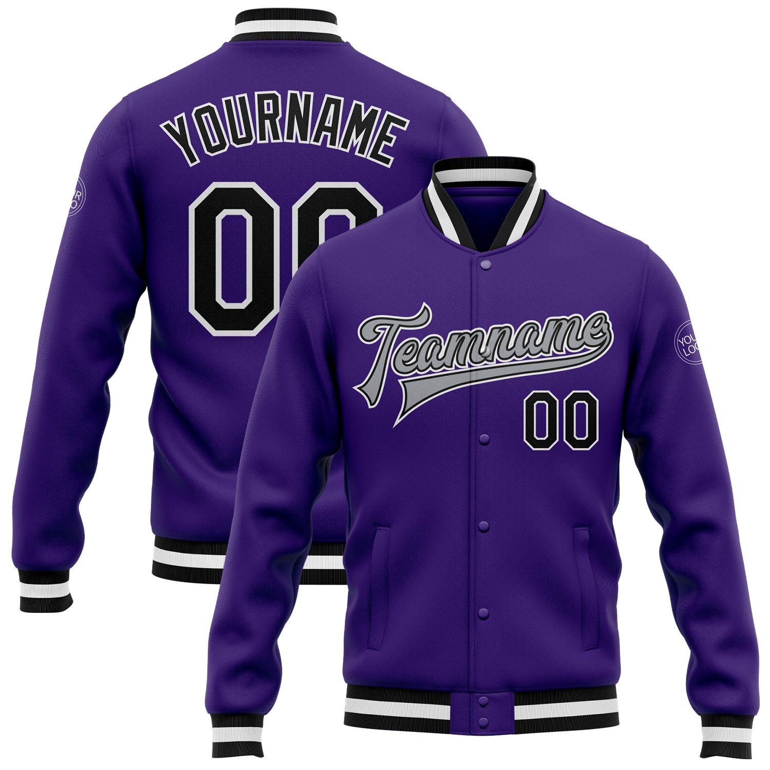 Personalized Purple Black-Gray Bomber Full-Snap Varsity Letterman Jacket Team Custom Name and Number