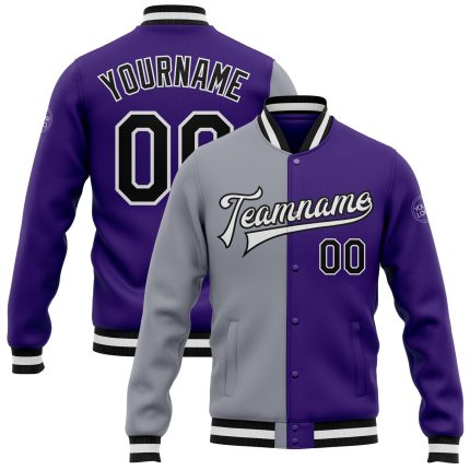 Personalized Purple Black-Gray Bomber Full-Snap Varsity Letterman Split Fashion Jacket Team Custom Name and Number