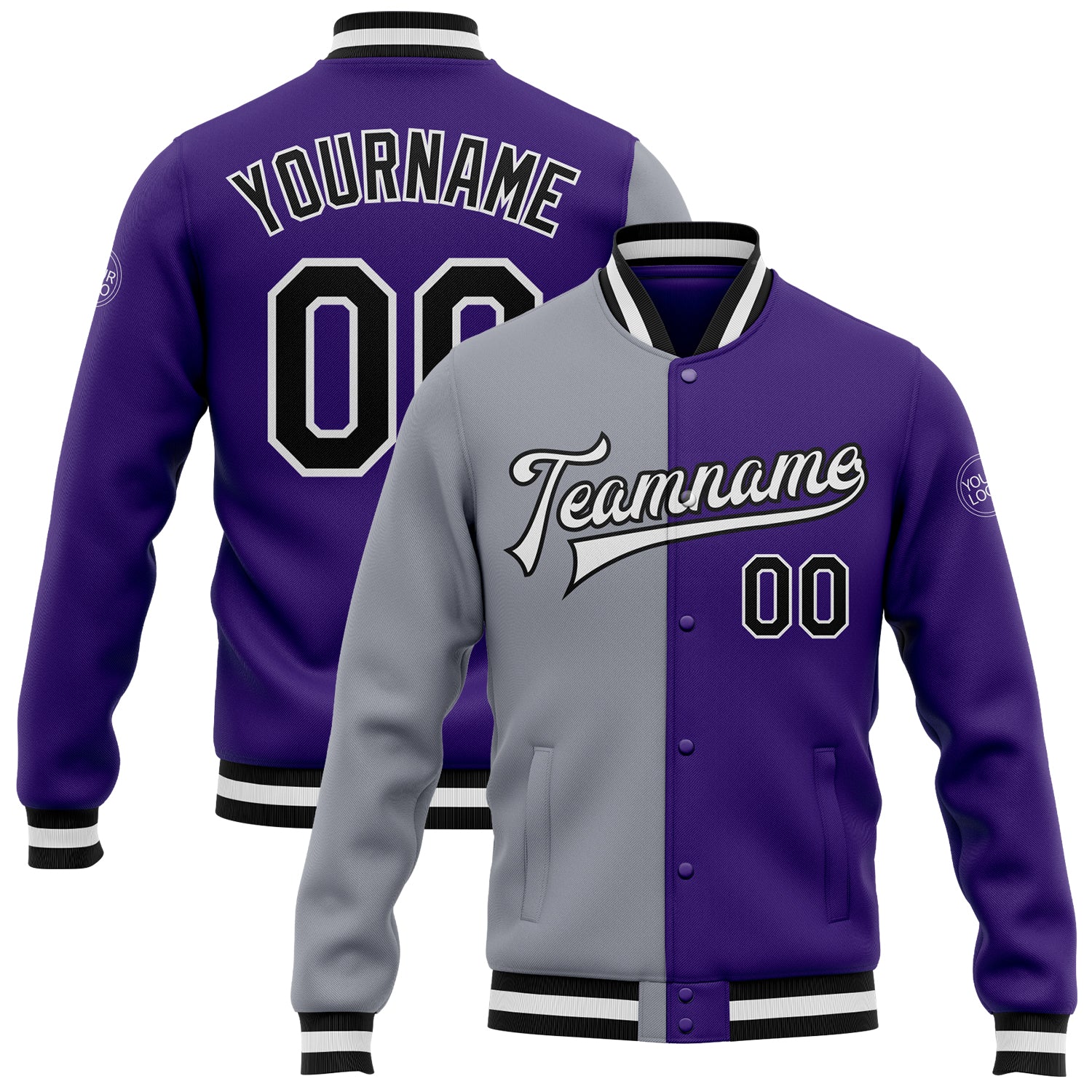 Personalized Purple Black-Gray Bomber Full-Snap Varsity Letterman Split Fashion Jacket Team Custom Name and Number