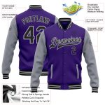 Personalized Purple Black-Gray Bomber Full-Snap Varsity Letterman Two Tone Jacket Team Custom Name and Number