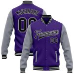 Personalized Purple Black-Gray Bomber Full-Snap Varsity Letterman Two Tone Jacket Team Custom Name and Number