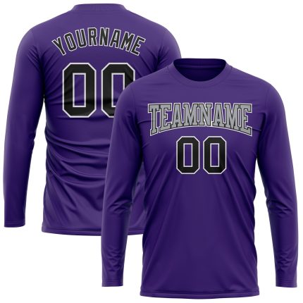 Personalized Purple Black-Gray Long Sleeve Performance T-Shirt Team Custom Name and Number