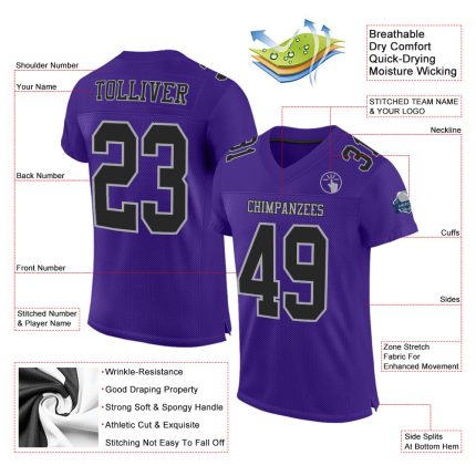 Personalized Purple Black-Gray Mesh Authentic Football Jersey Team Custom Name and Number