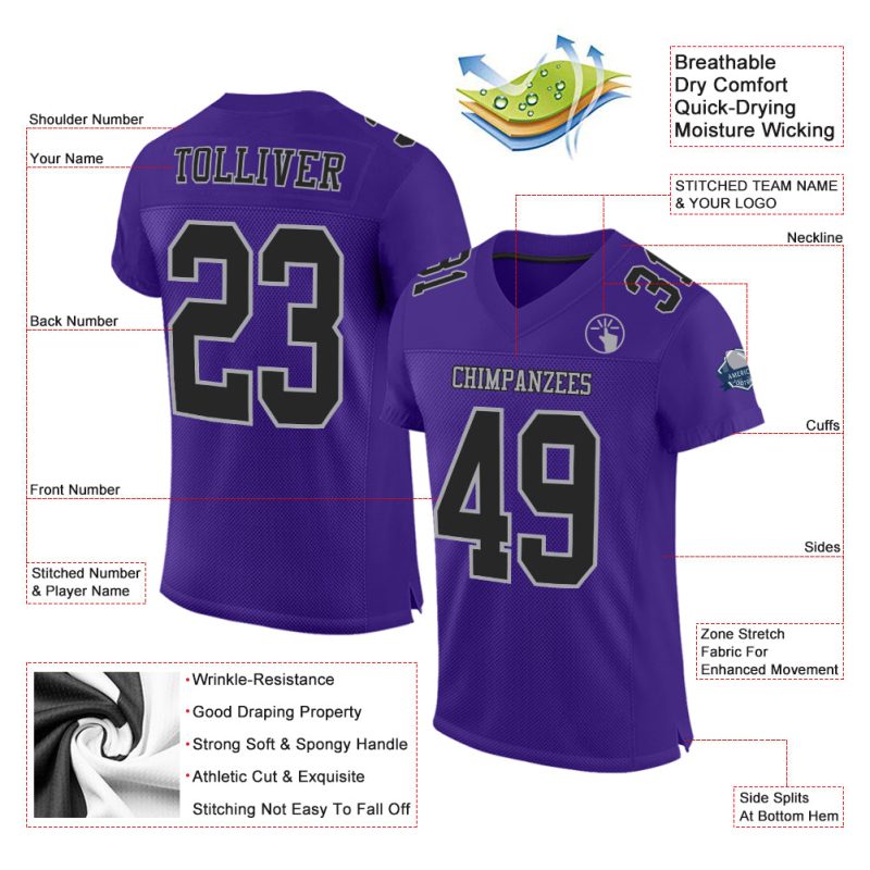 Personalized Purple Black-Gray Mesh Authentic Football Jersey Team Custom Name and Number