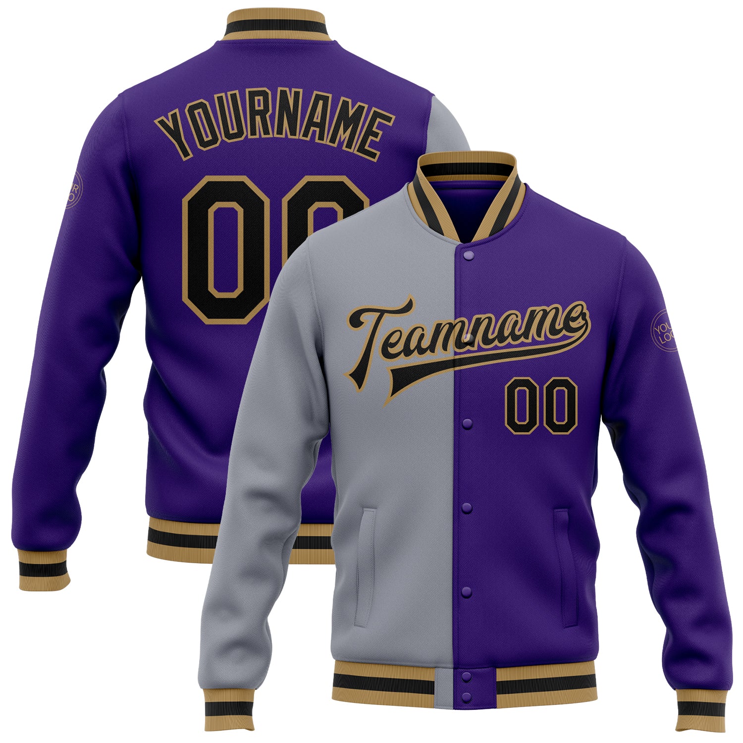 Personalized Purple Black Gray-Old Gold Bomber Full-Snap Varsity Letterman Split Fashion Jacket Team Custom Name and Number