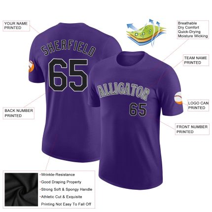 Personalized Purple Black-Gray Performance T-Shirt Team Custom Name and Number