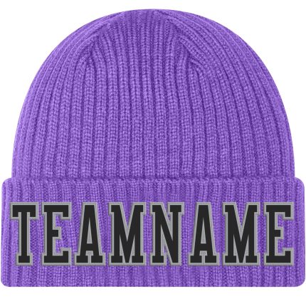 Personalized Purple Black-Gray Stitched Cuffed Knit Hat Team Custom Name and Number