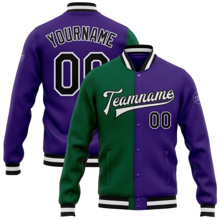 Personalized Purple Black Kelly Green Bomber Full-Snap Varsity Letterman Split Fashion Jacket Team Custom Name and Number