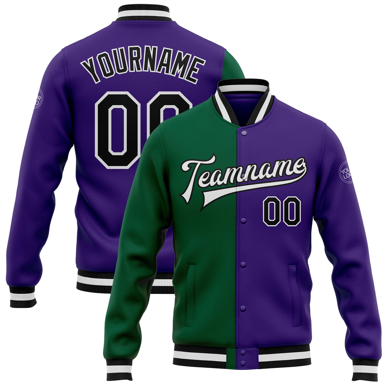 Personalized Purple Black Kelly Green Bomber Full-Snap Varsity Letterman Split Fashion Jacket Team Custom Name and Number