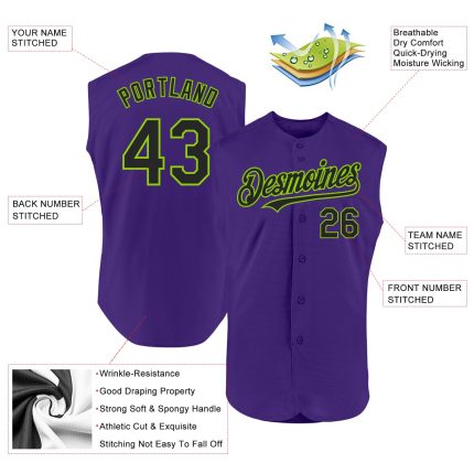 Personalized Purple Black-Neon Green Authentic Sleeveless Baseball Jersey Team Custom Name and Number