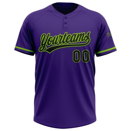 Personalized Purple Black-Neon Green Two-Button Unisex Softball Jersey Team Custom Name and Number