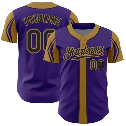 Personalized Purple Black-Old Gold 3 Colors Arm Shapes Authentic Baseball Jersey Team Custom Name and Number