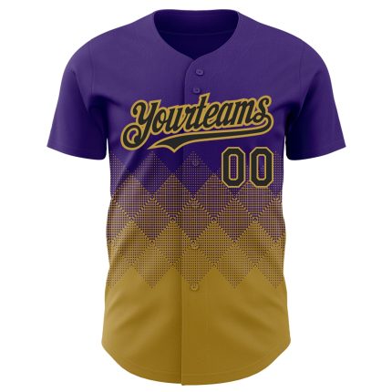 Personalized Purple Black-Old Gold 3D Pattern Design Gradient Square Shapes Authentic Baseball Jersey Team Custom Name and Number