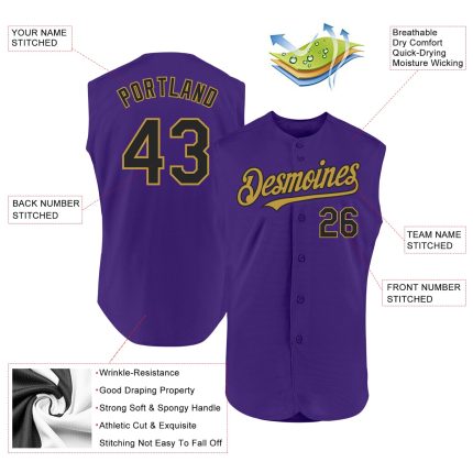 Personalized Purple Black-Old Gold Authentic Sleeveless Baseball Jersey Team Custom Name and Number