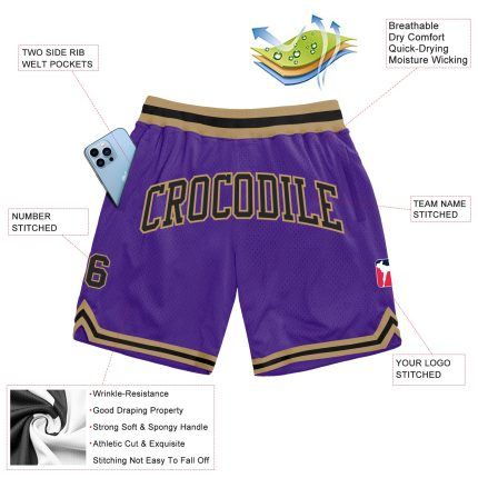 Personalized Purple Black-Old Gold Authentic Throwback Basketball Shorts Team Custom Name and Number