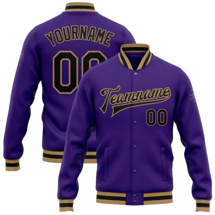 Personalized Purple Black-Old Gold Bomber Full-Snap Varsity Letterman Jacket Team Custom Name and Number