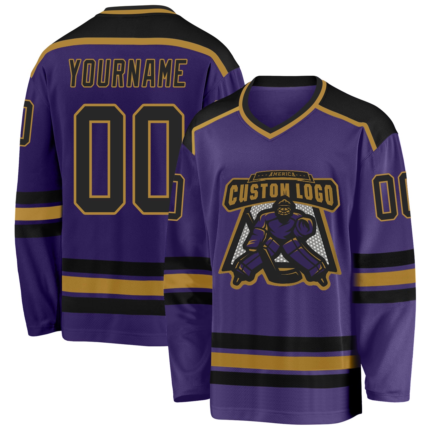 Personalized Purple Black-Old Gold Hockey Jersey Team Custom Name and Number