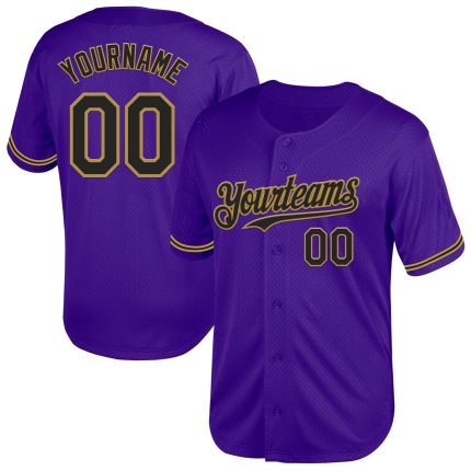 Personalized Purple Black-Old Gold Mesh Authentic Throwback Baseball Jersey Team Custom Name and Number