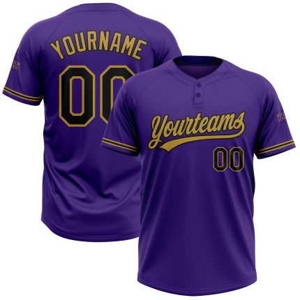 Personalized Purple Black-Old Gold Two-Button Unisex Softball Jersey Team Custom Name and Number