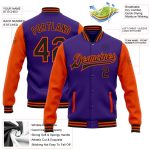 Personalized Purple Black-Orange Bomber Full-Snap Varsity Letterman Two Tone Jacket Team Custom Name and Number