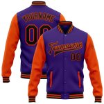 Personalized Purple Black-Orange Bomber Full-Snap Varsity Letterman Two Tone Jacket Team Custom Name and Number