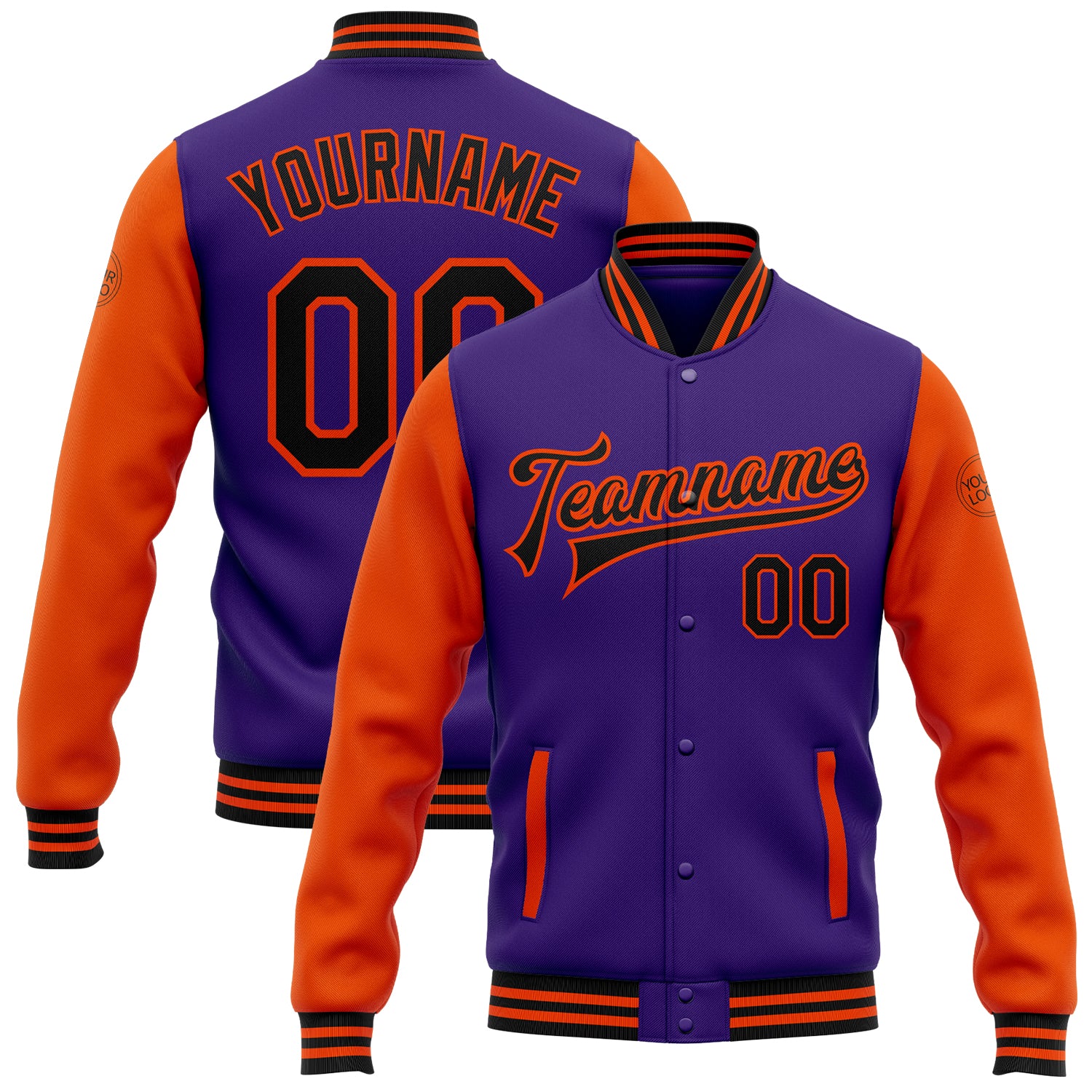 Personalized Purple Black-Orange Bomber Full-Snap Varsity Letterman Two Tone Jacket Team Custom Name and Number