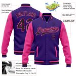 Personalized Purple Black-Pink Bomber Full-Snap Varsity Letterman Two Tone Jacket Team Custom Name and Number