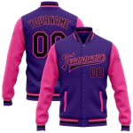 Personalized Purple Black-Pink Bomber Full-Snap Varsity Letterman Two Tone Jacket Team Custom Name and Number