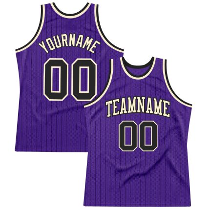 Personalized Purple Black Pinstripe Black-Cream Authentic Basketball Jersey Team Custom Name and Number