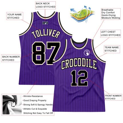 Personalized Purple Black Pinstripe Black-Cream Authentic Basketball Jersey Team Custom Name and Number