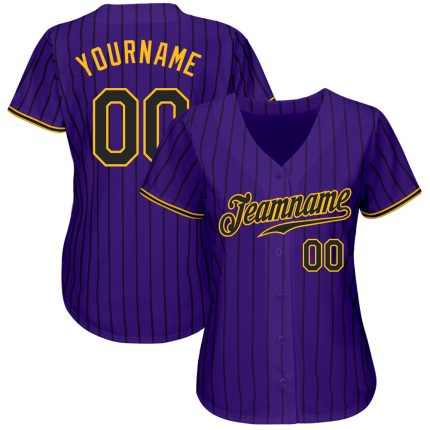 Personalized Purple Black Pinstripe Black-Gold Authentic Baseball Jersey Team Custom Name and Number