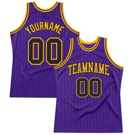 Personalized Purple Black Pinstripe Black-Gold Authentic Basketball Jersey