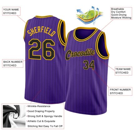 Personalized Purple Black Pinstripe Black-Gold Authentic Basketball Jersey Team Custom Name and Number
