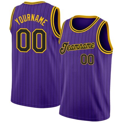 Personalized Purple Black Pinstripe Black-Gold Authentic Basketball Jersey Team Custom Name and Number