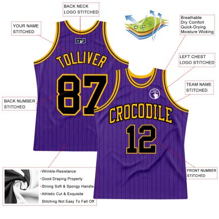 Personalized Purple Black Pinstripe Black-Gold Authentic Basketball Jersey